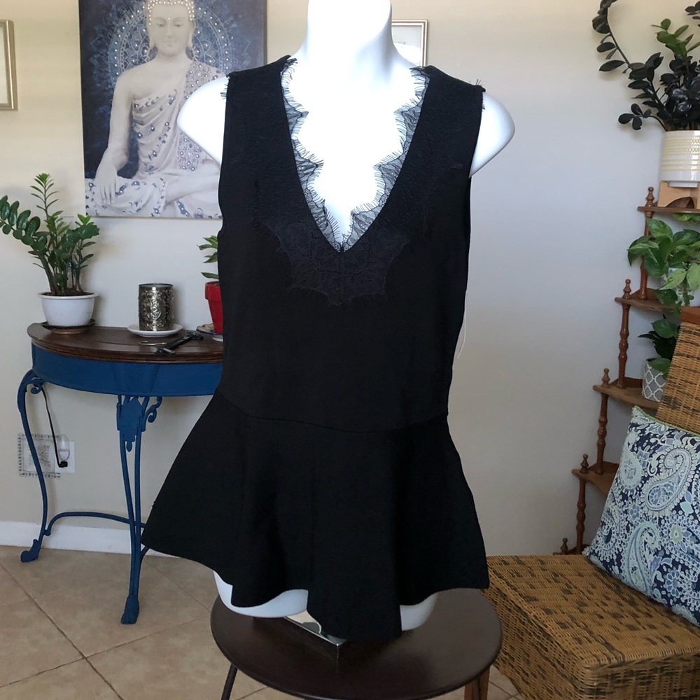 INC International Concepts Black Lace Trim Peplum Top